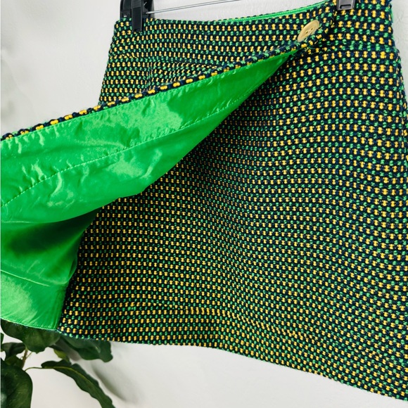 Eva Franco - Fern Dot Mini Tweed Gold Green Faux Wrap Asymmetrical Mini Skirt - Picture 4 of 10